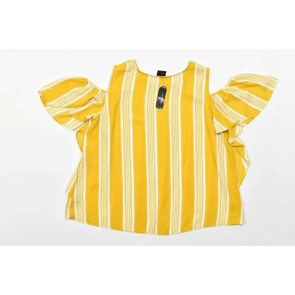 Worthington Woman 2X Blouse Gold Stripe Cold Shoulder Flutter Sleeve NWT - Picture 7 of 8